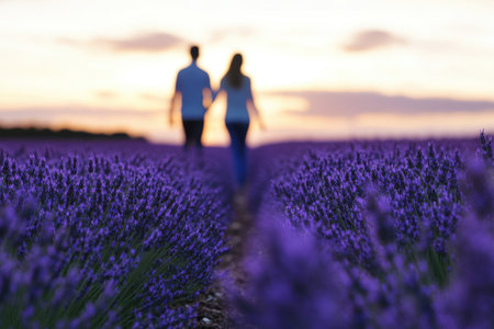 A couple strolls hand in hand through a vibrant lavender field during a beautiful sunset.の写真素材