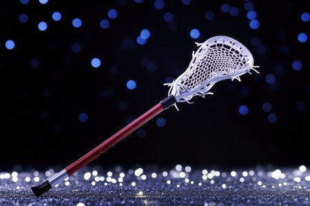 A lacrosse stick leans against a glittering surface, illuminated by soft blue lights, showing its design and texture.の写真素材