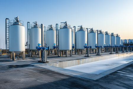 Large white storage tanks arranged orderly, showing industrial facility during evening light.の写真素材