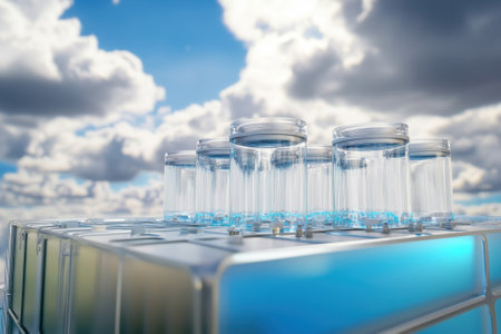 Clear glass jars filled with water are displayed outdoors against a backdrop of fluffy clouds.の写真素材