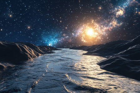 A river reflects sunlight in a cosmic setting filled with stars and distant galaxies at twilight.の写真素材
