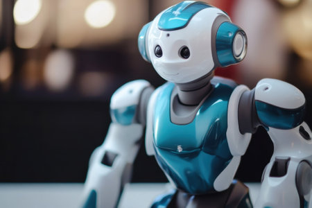 A friendly-looking robot is displayed in a contemporary office setting, demonstrating advanced innovation and design.の写真素材