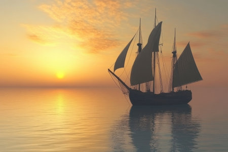 A tall sailing ship with billowing sails moves gracefully on calm waters as the sun sets on the horizon.の写真素材