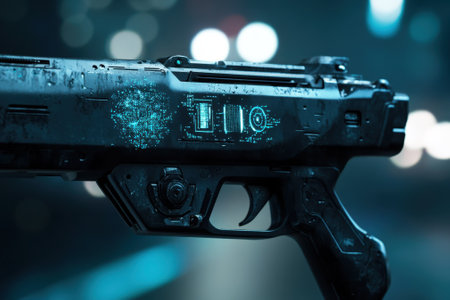 A sleek handgun with glowing digital elements rests against a backdrop of blurred city lights at night.の写真素材