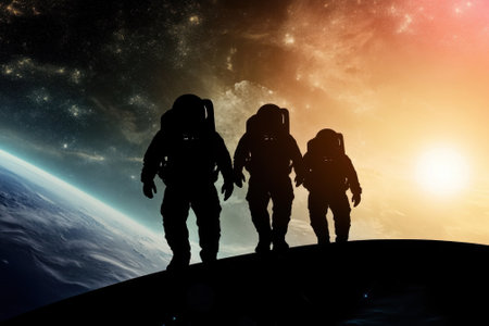 Three astronauts walk along the surface of an alien planet at sunrise, with a vibrant galaxy behind them.の写真素材