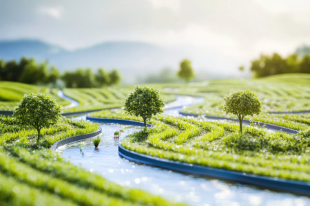 A serene landscape features a twisting river through vibrant green fields and trees during golden hour.の写真素材