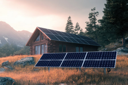 A rustic cabin with solar panel stands surrounded by tall trees and rocky terrain, illuminated by sunset light.の写真素材
