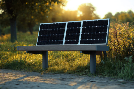 A solar panel bench stands in a park during sunset, providing seating and harnessing solar energy.の写真素材