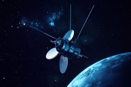 A spacecraft with solar panels navigates the dark expanse of space near a distant planet.の写真素材