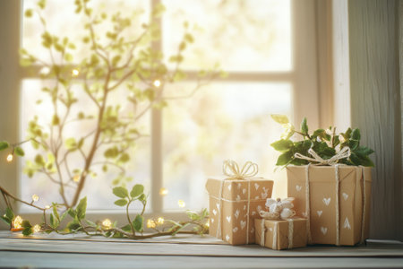 Artfully arranged gift boxes and a potted plant create a cozy atmosphere by a sunlit window.の写真素材