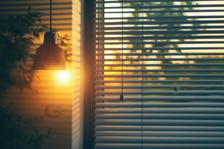 Golden sunlight filters through window blinds, casting warm shadows in a tranquil indoor setting.の写真素材