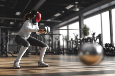 Athlete focuses intently while practicing fencing techniques in a bright and spacious gym.の写真素材