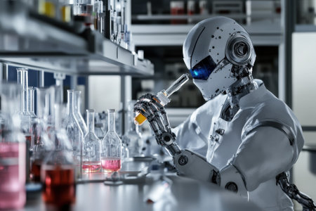 A robot examines samples in a high-tech lab filled with glassware and vibrant liquids, showing advanced technology.の写真素材