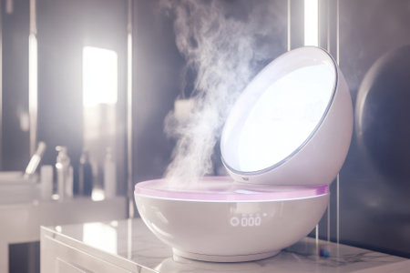A contemporary skincare apparatus emits soothing steam in a stylish bathroom, enhancing relaxation and hydration.の写真素材