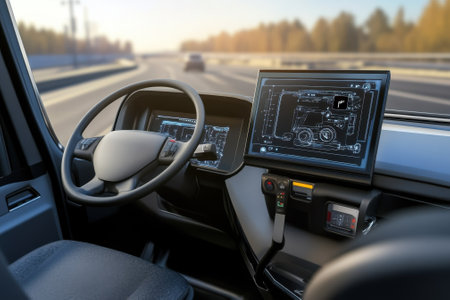 Advanced dashboard and controls seen in a modern truck cabin while driving on a scenic highway.の写真素材
