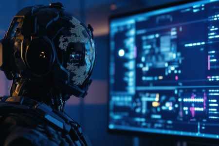 A humanoid robot studies complex data on a large screen, surrounded by a high-tech atmosphere in the dark.の写真素材