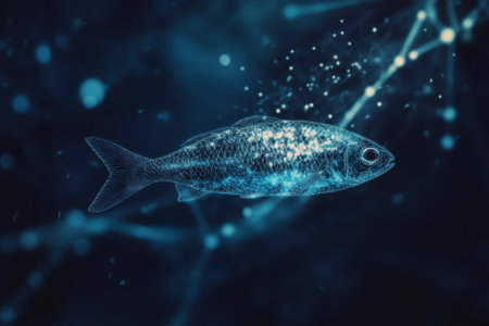 A fish is swimming through an abstract digital ocean filled with glowing particles in a dark setting.の写真素材
