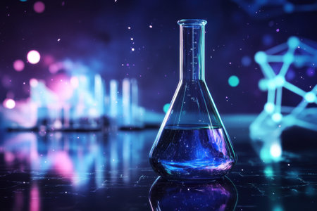 A laboratory flask filled with blue liquid is displayed against a colorful, abstract scientific backdrop.の写真素材