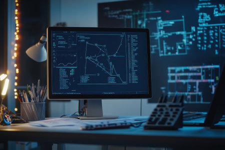 A modern workspace features a computer displaying complex blueprints and data analysis on a desk at night.の写真素材