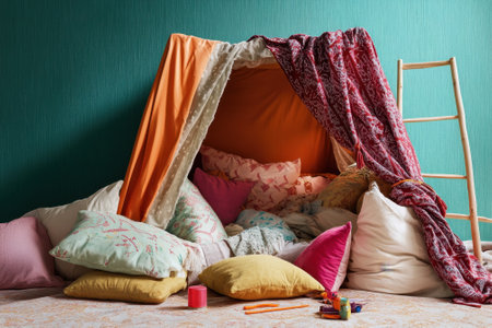 A vibrant blanket made of colorful fabrics stands in a cozy room filled with pillows and toys.の写真素材