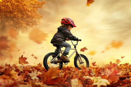 A young child enjoys riding a bike while vibrant autumn leaves swirl around in the air during the afternoon.の写真素材