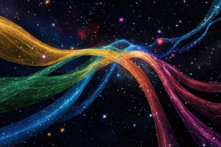 Bright, vibrant waves in hues of red, blue, green, and yellow stretch across a star-filled galaxy backdrop.の写真素材