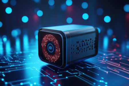 A sleek gadget with red and blue accents sits on a vibrant circuit design, exuding a high-tech vibe.の写真素材
