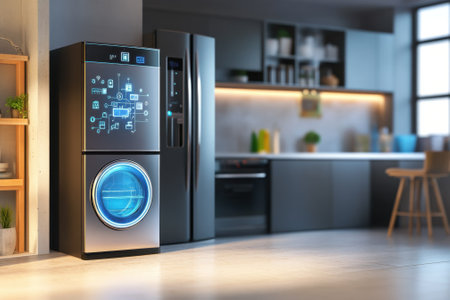 Smart refrigerator with digital interface showcased in a contemporary kitchen with ample natural light.の写真素材