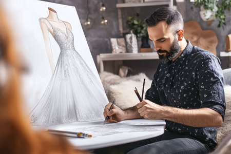 A fashion designer sketches a stunning wedding dress while sitting at a table in a stylish studio.の写真素材