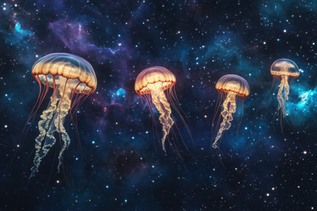 Colorful jellyfish glide gracefully through a vivid cosmic landscape filled with nebulae and stars.の写真素材