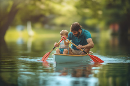 A father gently rows a kayak with his young child on a calm lake surrounded by lush greenery.の写真素材