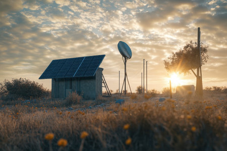A small facility with solar panels stands in a field during sunset, with soft clouds and warm colors filling the sky.の写真素材