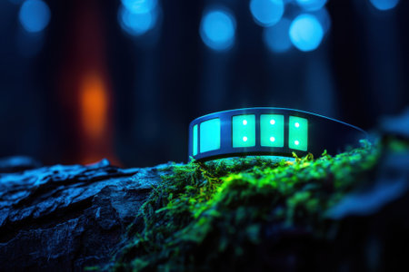 A glowing light strip rests on a mossy log, illuminating the forest with soft blue tones at twilight.の素材