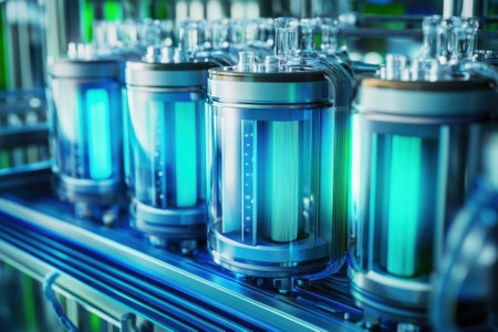 Advanced energy storage devices are arranged on a laboratory shelf, showing their sleek design and vibrant lighting.の写真素材