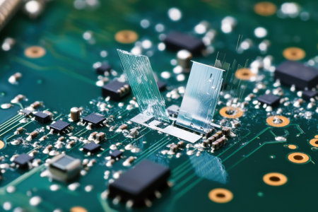 Close-up of a circuit board showing intricate components, wires, and microchips under bright lighting.の写真素材