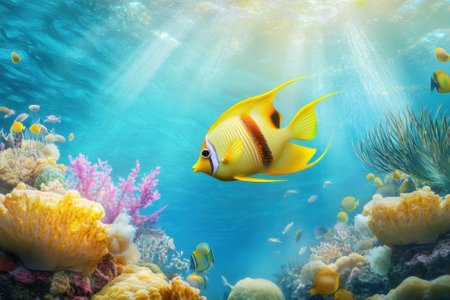 A beautiful yellow fish navigates through vivid coral reefs in bright underwater sunlight, showcasing marine life.の素材