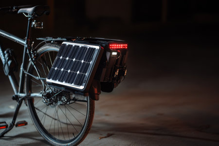 A modern bike with a solar panel, storage, and LED lights stands in a dim space, highlighting innovation.の写真素材