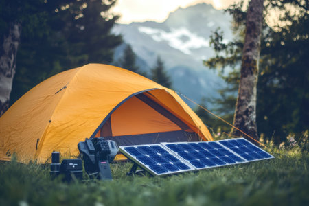 A bright orange tent stands on grass near solar panels and camping gear, surrounded by mountains at dusk.の写真素材