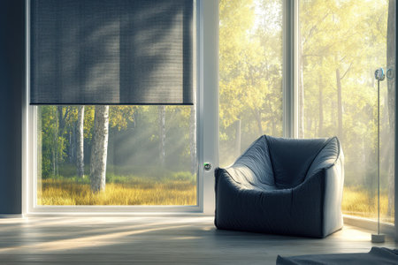 A comfortable chair sits next to a window, showing a serene forest bathed in soft morning sunlight.の写真素材