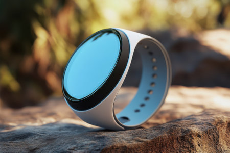 A modern smartwatch sits on a rock surrounded by greenery, showing its sleek design and reflective screen.の写真素材