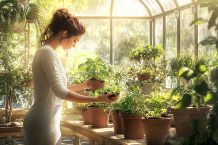 In a bright greenhouse, a woman carefully examines young plants while surrounded by lush greenery.の写真素材