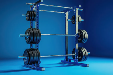 A weightlifting rack loaded with heavy weights stands in a vibrant blue gym environment, perfect for workouts.の写真素材
