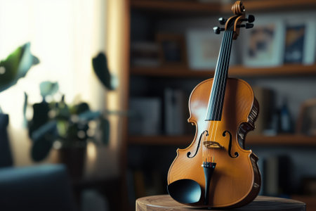 A stunning violin rests on a wooden table, warmly lit by afternoon sunlight streaming through the window.の写真素材