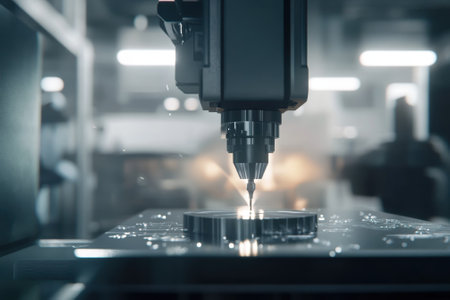 A CNC machine meticulously carves a metalwork piece in a dimly lit workshop, showing advanced technology.の写真素材