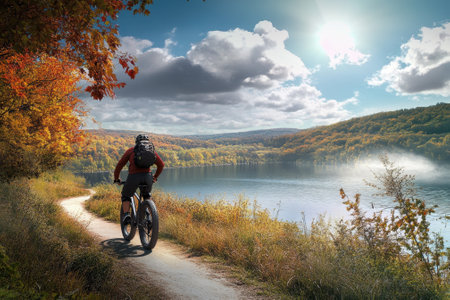 A cyclist rides on a winding path next to a tranquil lake framed by vibrant fall colors under a bright sky.の写真素材