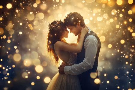 A couple shares an intimate moment surrounded by sparkling lights, radiating love and connection.の写真素材