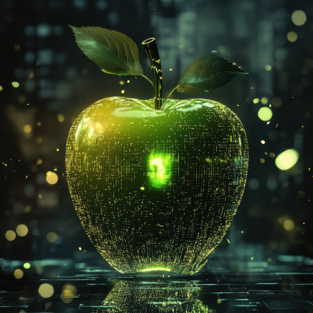 A vibrant green apple emits a soft glow amidst a backdrop of glowing digital elements and dark surroundings.の写真素材