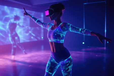 A dancer in colorful attire engages with virtual reality while performing amidst vivid light displays.の写真素材