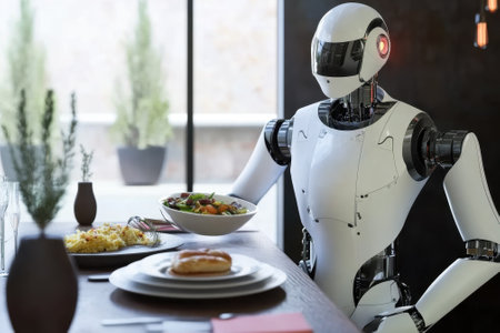 A humanoid robot serves a bowl of salad at a contemporary dining table in a bright restaurant.の写真素材