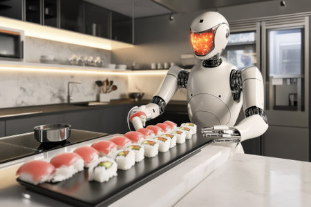 A robot chef meticulously arranges sushi in a stylish kitchen featuring sleek design and warm lighting.の写真素材